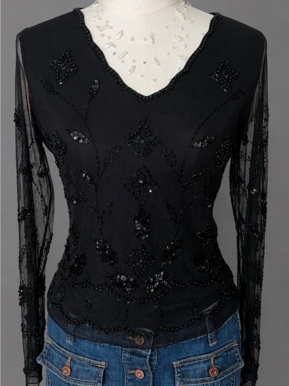 Vintage Y2K INC Black Beaded Mesh Sheer Long Sleeve Top Petite Small